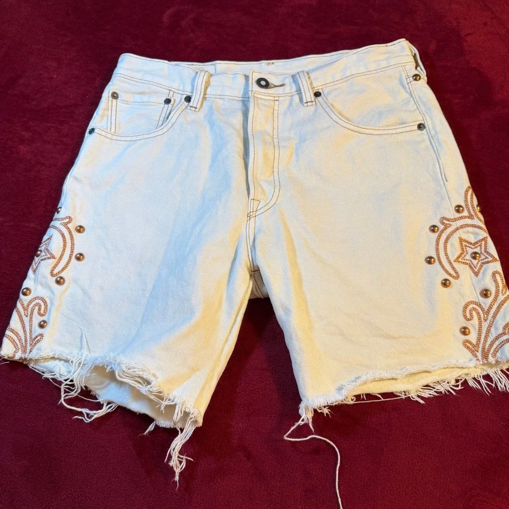 Levis‎ Premium 501 93 Cut Off Denim Shorts PRIDE Studded Embroidered Mens 30